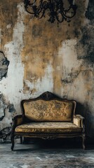 Poster - Vintage Damask Sofa Against Distressed Wall with Chandelier, Moody Interior, Atmospheric Shot, Antique Furniture, Grunge Style