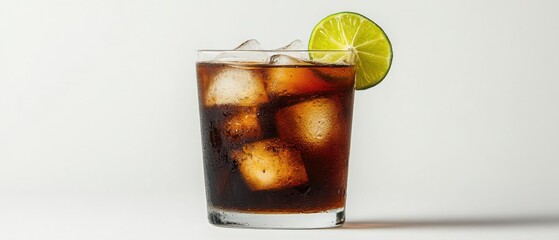 Poster - Refreshing Cola Drink with Ice Cubes and Lime Slice on White Background Studio Shot Close Up Beverage