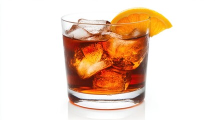 Poster - Refreshing Old Fashioned Cocktail Close Up Studio Shot on White Background with Orange Slice Garnish and Ice Cubes in Glass