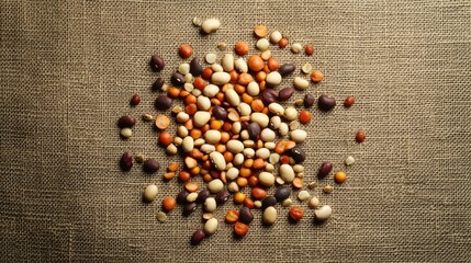 Poster - A flat lay arrangement of various dried beans scattered on a textured linen cloth, capturing the rich colors and diverse shapes in an appealing composition