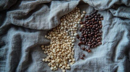 Poster - A flat lay arrangement of various dried beans scattered on a textured linen cloth, capturing the rich colors and diverse shapes in an appealing composition