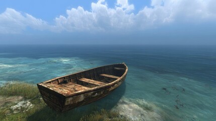 Poster - A lone fishing boat drifting peacefully in the open sea, surrounded by a vast expanse of water and a clear blue sky, evoking tranquility