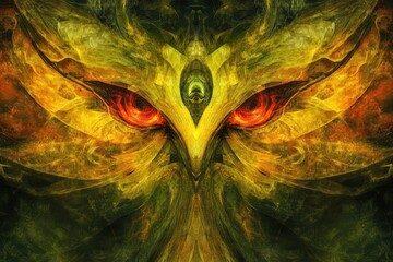 Poster - Abstract Creature Stares Intensely with Fiery Eyes in a Surreal Digital Art Composition; Fantasy Art