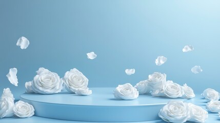 Poster - White roses on a light blue round pedestal against a light blue background.