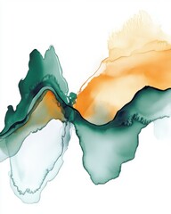 Poster - Abstract alcohol ink painting with emerald green and golden orange hues on white background top view
