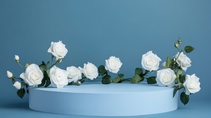 Poster - Elegant white roses arranged around a light blue cylindrical pedestal against a blue background.