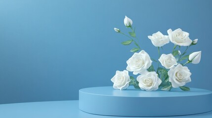 Poster - White roses on a blue pedestal against a blue background.