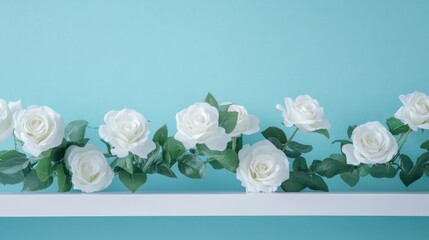 Poster - White roses arranged on a shelf against a light blue wall.
