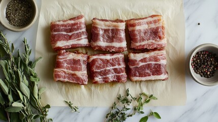 Poster - A scenic view of bacon strips laid out on parchment paper, ready for cooking, with herbs and spices nearby, emphasizing the preparation process and fresh ingredients