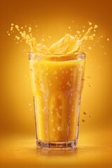 Poster - Refreshing orange juice splash in glass on golden background close up studio shot healthy drink vibrant color