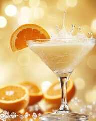 Poster - Refreshing Orange Cocktail Splashing in Martini Glass Close Up Studio Shot with Gold Bokeh Background