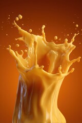 Poster - Vibrant Mango Juice Splashing High Speed Photography on Orange Background Studio Shot Liquid Refreshment