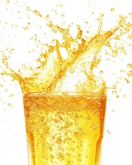 Poster - Orange Juice Splash in Glass Close Up on White Background Refreshing Beverage Liquid Motion Bubbles Fresh Drink Studio Shot