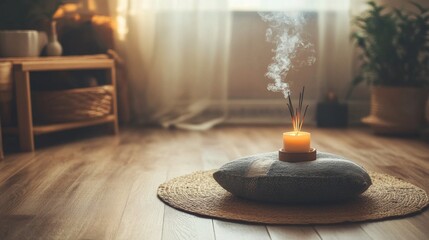 Poster - A serene meditation setup with a cushion, incense, and a candle on a wooden floor, surrounded by gentle, natural light from a nearby window