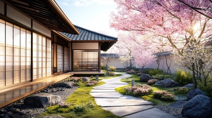 Poster - A tranquil view of a traditional Japanese house with sliding shoji doors, surrounded by a beautifully manicured garden featuring cherry blossoms and stone pathways
