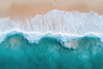 Poster - Aerial View of Turquoise Ocean Waves Crashing on Sandy Beach Coastline Tropical Paradise Summer Vacation Destination Scenic Seascape Nature Photography