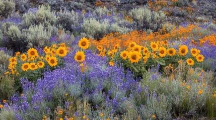 Poster - A vibrant shot of a sunflower field bordered by wildflowers, enhancing the natural beauty and creating a colorful frame around the sun-drenched blooms