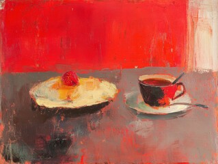 Poster - Expressive Still Life Painting of Pancake with Strawberry and Coffee Cup in Red and Gray Palette