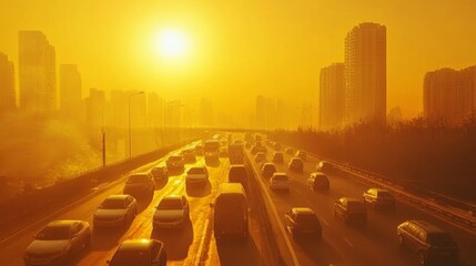 Poster - Greenhouse gases rising from vehicles on a crowded freeway under a yellow-tinted sky, illustrating urban pollution and climate impact