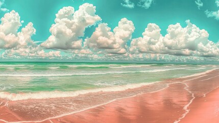 Poster - Serene Beach Scene with Pastel Colors and Fluffy Clouds Wide Angle Shot of Waves and Sand