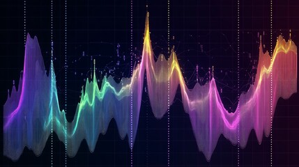 Fototapete - Heatmap style graph with a color gradient on a dark grid background, illustrating varying intensities across data points
