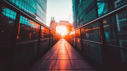 Poster - Urban Bridge Walkway at Sunset Low Angle View, Modern Architecture and Glass Buildings in Cityscape, Warm Light and Reflections