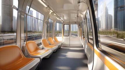 Poster - Row of empty seats inside a modern electric train, with large windows offering a panoramic view of the city passing by