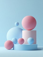Poster - Abstract pastel geometric shapes arrangement still life product display minimal studio shot light blue background