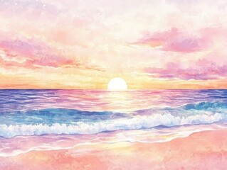 Poster - Watercolor beach sunset painting with pastel colors and gentle waves in a serene coastal landscape at dawn