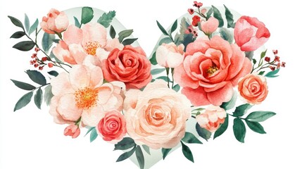 Poster - Watercolor heart-shaped arrangement of peach, coral, and pink roses, peonies, and greenery.