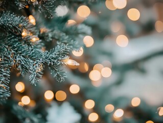 Poster - Close-up of frosted evergreen branches adorned with warm glowing Christmas lights creating a festive holiday atmosphere indoor