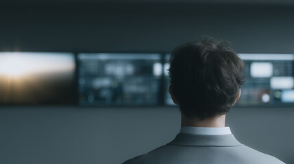Poster - Vigilant Gaze: A person in a suit examines a wall of surveillance monitors, the digital display reflecting in a dimly lit room.