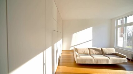 Poster - A contemporary living room featuring a clean, minimalistic design with a soft sofa placed on polished wooden floors. Natural light floods in through large windows, enhancing the airy atmosphere.