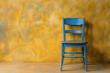 Poster - Rustic blue chair against textured yellow wall studio shot minimal composition interior design furniture element