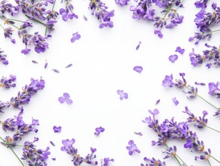 Poster - Lavender flower sprigs and petals arranged in a frame on white background flat lay top down view floral design