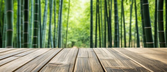 Poster - Bamboo Forest Background with Wooden Floor Perspective View for Product Display or Mockup in Nature Scene