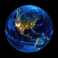 Poster - Earth from Space View of North and South America at Night with City Lights on Black Background Globe Style