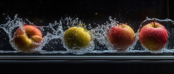 Poster - Fresh Apples Splashing in Water on Black Background Studio Still Life Shot for Food and Drink Concepts and Healthy Lifestyle Themes