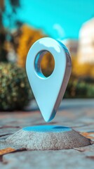 Poster - Location pin hovers above stone pedestal in outdoor setting with blurred trees and blue sky above