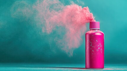 Poster - Pink Spray Bottle Releasing Cloud of Powder in Studio Setting; Eye-Level Shot; Beauty Product; Creative Concept; Modern Aesthetic; Teal Background; Vibrant Colors