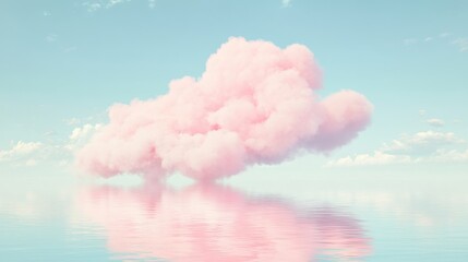 Poster - Pink cloud floating above calm water surface, serene dreamscape, pastel colors, soft light, minimalist composition, tranquil scene
