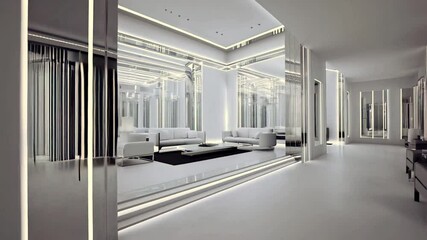 Aufkleber - This spacious living room features sleek furniture arranged around a central rug, illuminated by warm LED lights. The walls and mirrors enhance the modern design and reflect the contemporary decor.