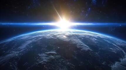 Poster - Earth rising over horizon with sunrise in space and stars, orbital view, scenic, celestial, cosmic, dramatic, majestic, serene