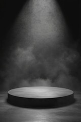 Poster - Spotlight shines on empty stage for product placement in dark room, studio shot, moody, dramatic lighting, fog effect