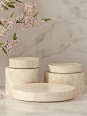 Poster - Minimalist Display with Round Marble Pedestals and Cherry Blossom Branches for Product Showcase in Studio Setting
