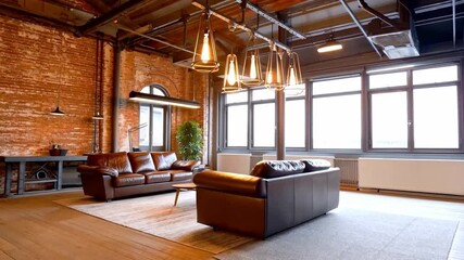 Aufkleber - Spacious living room showcases an industrial design with exposed brick walls, modern furniture, and stylish pendant lights. Natural light floods the space, creating a warm and inviting atmosphere.