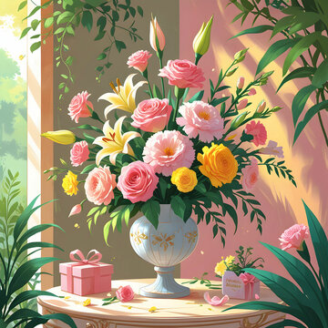 An artistic layout with multicolored carnations scattered around a 
