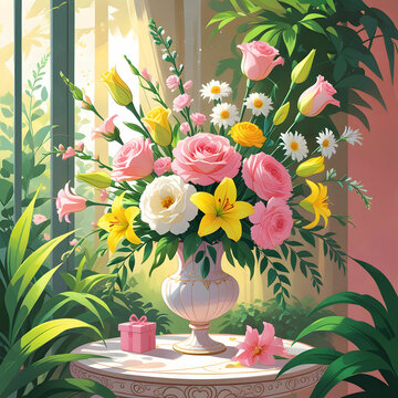 An artistic layout with multicolored carnations scattered around a 