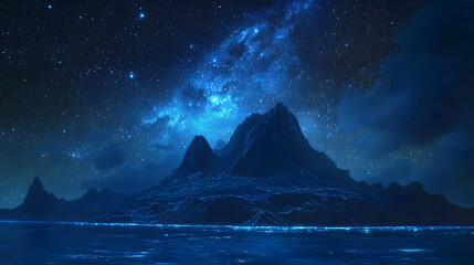 Wall Mural - celestial peaks: an ethereal view of mountains and stars bathed in the cold glow of a night sky, evo