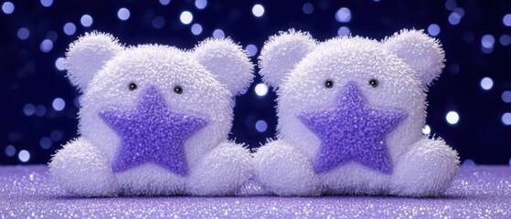 Poster - Two adorable teddy bears with purple stars in a studio shot with bokeh lights in the background on a glittery surface